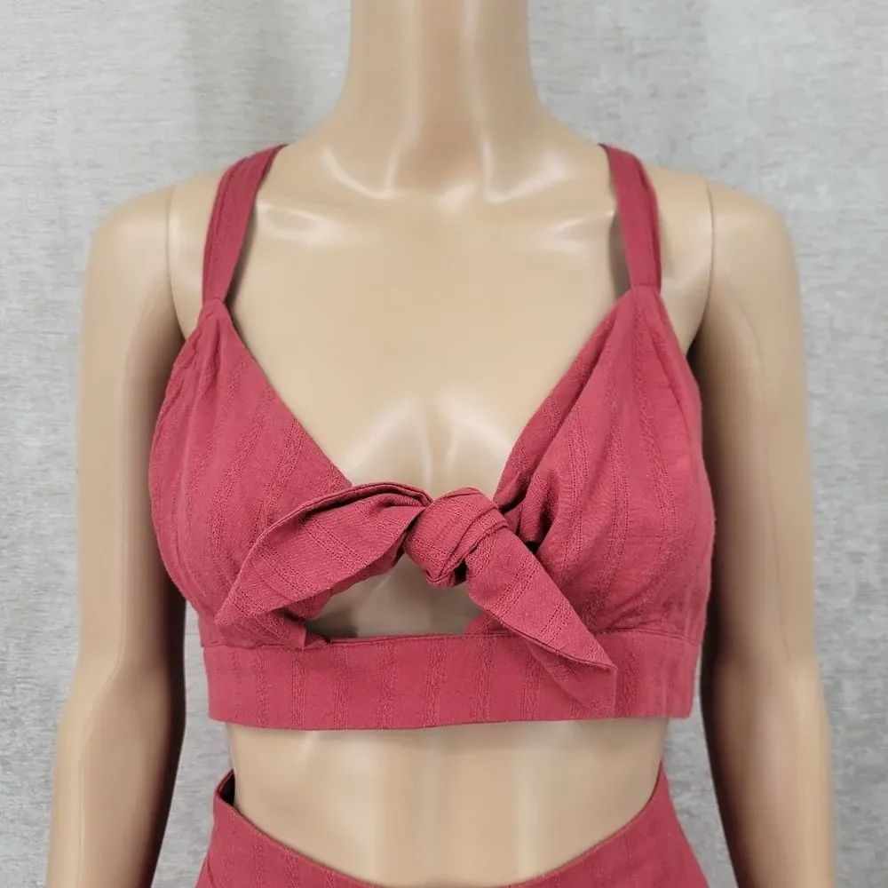 Cotton Red Two-Piece Knotted Tie Front Crop Top and Shorts Matching Set
